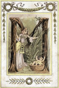 Lettera che rappresenta una madre egiziana che trova un bambino abbandonato (Mosè salva le acque), fine XIX secolo (cromolitografia) da French School