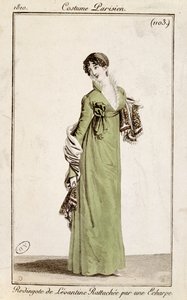Redingote levantina chiusa da una sciarpa, tavola di moda da Costume Parisien, 1810 da French School