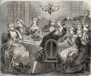 Libertinaggio: Christian VII (1749-1808), Re di Danimarca e Norvegia, durante una festa libertina organizzata dalla danzatrice Marie Madeleine Guimard (1743-1816) nella sua casa di Pantin. Incisione del 1871 in "Histoire Des Cocuses Celebres" di Henry de K