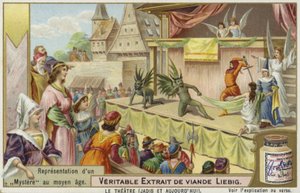 Carta Liebig con una rappresentazione di un mistero medievale da French School