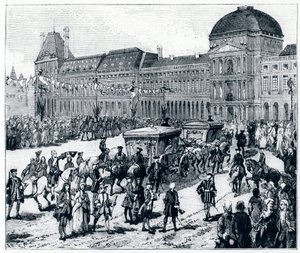 La vita sotto Luigi XV: il re arriva al Palazzo delle Tuileries, dove lo attendono la regina e il delfino - in "Parigi attraverso i secoli" di Gerouillac da French School