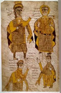 Re Lodhanri degli Alamanni circonda un vescovo, un duca e un conte. Manoscritto Breviario di Alarico e altri testi giuridici, Francia, Valle della Loira, 803-814. Parigi, B N da French School