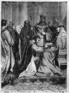 Lotario I (795-855) ai piedi di Papa Adriano II (792-872). Incisione in 