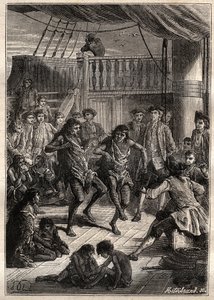 Louis Antoine, Conte di Bougainville (1729-1811) riceve gli abitanti della Baia Fortescue (Stretto di Magellano) sulla sua barca "La Boudeuse" nel 1768 - illustrazione da "I grandi marinai del XVIII secolo" da French School