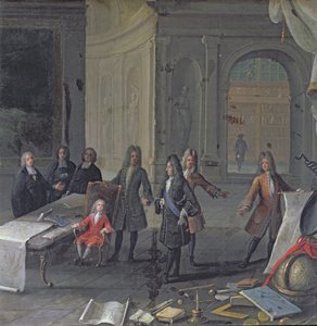 Luigi XIV assiste a una lezione del suo pronipote, il futuro Luigi XV, c.1715 da French School