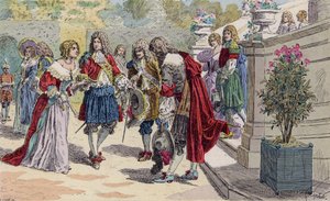 Luigi XIV di Francia e la sua corte a Versailles (litografia a colori)