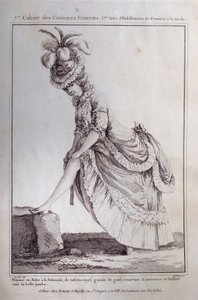 Moda di Luigi XVI: ritratto a figura intera di una giovane donna in un abito polacco in taffetà a righe. Incisione del 1778. Parigi, arti decorative