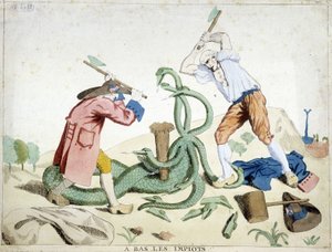 Basse tasse: il Terzo Stato che sconfigge la tassa - "Hydra de Lerne" - una caricatura rivoluzionaria, circa 1789