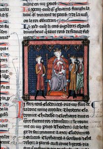 MS.782 Childeric II (c.650-675), Clodomir (c.495-524) e forse Teodorico, rappresentati sotto la protezione del Re Clotario I (c.497-561), seduti su un trono, miniatura dalle Cronache di Saint-Denis da French School