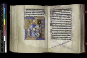 MS 300 f.177v-178r, Mattutino, Vergine e Bambino seduti tra due vasi su una panca (sopra); Tradimento di Cristo, con Giuda che bacia Cristo, e San Pietro che taglia l