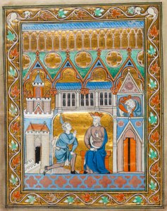 MS 300 fol.IIIv Re Davide riceve la notizia della morte di Assalonne, dal Salterio-Ore di Isabella di Francia, c.1255