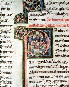 MS 3 Fol. 291v La fuga di San Paolo da Damasco, lettera iniziale illuminata P, XIII secolo, dalla Bibbia di Avranches da French School