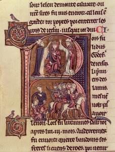 Iniziale istoriata R che raffigura il re Baldovino I delle Fiandre (1171-1205) incoronato come imperatore latino nel 1204 e la sua generosità verso una donna turca che manda via il suo bambino da French School