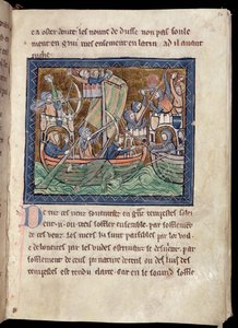 Pagina di testo con illuminazione di una battaglia navale, dal De Re Militari, c.1270
