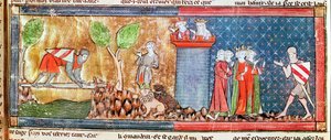 Lancillotto dimostra il suo amore per Ginevra attraversando un fiume su una spada affilata, dal Roman de Lancelot du Lac, 1344 da French School
