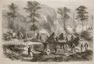 Produzione di carbone per polvere da sparo, illustrazione da Cassells History of the War between France and Germany, 1870-1871