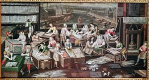 Fabbricazione di carte da gioco in una casa in Place Dauphine (disegno per un ventaglio, gouache su carta, c.1680) da French School