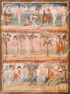 Pagina di manoscritto che rappresenta episodi della vita di Adamo ed Eva: creazione di Adamo ed Eva. Il peccato originale. Espulsione dal Paradiso da French School
