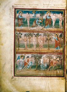 Pagina di manoscritto che rappresenta episodi della vita di Adamo ed Eva: creazione di Adamo ed Eva. Il peccato originale. Espulsione dal Paradiso (miniatura) da French School