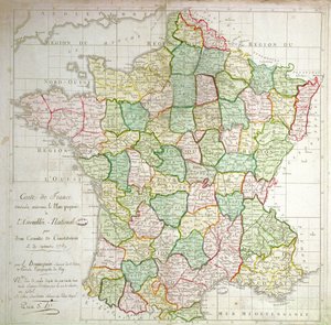 Mappa della Francia che mostra i piani per dividere i dipartimenti, 1789 (litografia a colori e inchiostro)