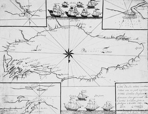 Mappa del Lago Ontario con le flotte inglesi e francesi da French School