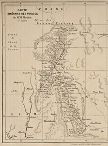 Mappa del Laos e del fiume Mekong che mostra il percorso del viaggio di Henri Mouhot, illustrazione da Travels in the Central Parts of Indo-China (Siam), Cambodia, and Laos During the Years 1858, 1859