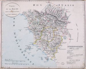 Mappa della Toscana, dettaglio della grande mappa di J. de Baillou da French School