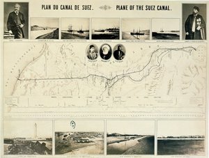 Mappa del Canale di Suez accompagnata da diverse vedute e ritratti di Ferdinand de Lesseps (1805-94) e Ismail Pascià (1830-95) 1869