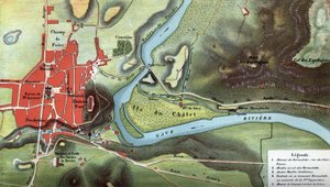 Mappa del paese di Lourdes nel 1858, anno delle visioni di Bernadette Soubirous: mostra la posizione della sua casa e della grotta. Alti Pirenei (65). Cromolitografia in 