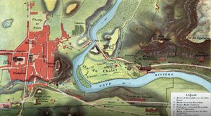Mappa del paese di Lourdes nel 1877: mostra la posizione della casa di Bernadette Soubirous, la grotta dove avrebbe visto la Vergine Maria, così come la basilica, i conventi delle Carmelitane e delle Benedettine, e il Palazzo Episcopale. Alti Pirenei