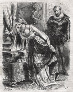 Margherita di Valois (1553-1615), conosciuta come Regina Margot, nasconde Julien de Leris, il suo amante, in una cassaforte. Suo marito, il re Enrico IV di Francia (1553-1610), osserva la scena divertito. XVI secolo. Incisione del 1871 in "Histoire Des Coc