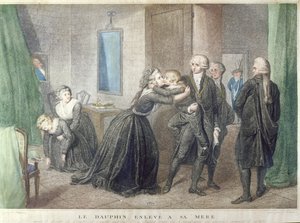 Maria Antonietta (1755-1793) saluta suo figlio il Delfino, Louis-Charles de Bourbon (1785-1795) al Tempio, 3 luglio 1793 da French School