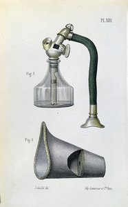 Maschera per somministrare etere per anestetizzare un paziente, da un manuale medico di Jean-Baptiste-Leon Dubreuil da French School