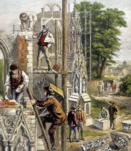 Muratori sul cantiere di una cattedrale - in “Magasin des Enfants”