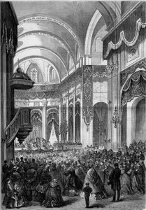 Messa di Tutti i Santi celebrata nella chiesa di Saint Nicolas du Chardonnet a Parigi, decorata come San Pietro di Roma per la canonizzazione dei martiri del Giappone. 1862. Incisione in 