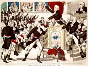 Maximilien Robespierre alla Convenzione (Seduta del 19 Termidoro 1794), Jean Lambert Tallian minaccia Robespierre con un coltello - Incisione popolare del periodo da French School