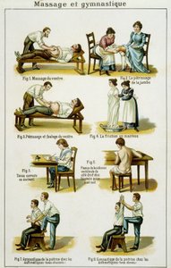 Tavola medica che illustra massaggi e ginnastica (estratti da Bilz, medicina naturale) fine XIX secolo da French School