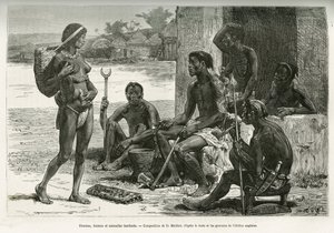 Uomini, donne e utensili (regione Bihe, Ruanda). Incisione di D. Maillart, per illustrare la storia di come ho attraversato l