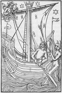 Nave mercantile del Medioevo tra i pericoli del mare. Incisione in “La Marine et les colonies: commerce”