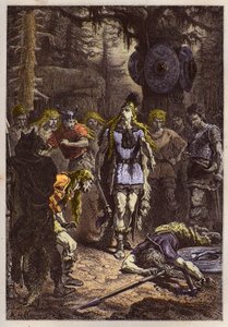 Merovingi: Clodoveo I che abbatte il soldato che aveva rotto il vaso di Soissons, nel 486 - Clodoveo (465-511) e il guerriero franco che ruppe il Vaso di Soissons nel 486 - incisione da 
