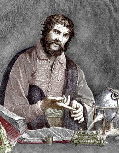 Michel de Nostredame, aka Nostradamus (1503-1566) astrologo e medico francese, incisione, documento colorato