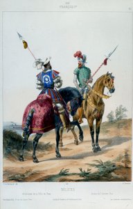 Uniformi militari: milizie sotto Francesco I, balestriere della città di Parigi e arciere del retroguardia nel 1547 da French School