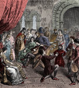 Menestrelli e giocolieri a corte (incisione colorata a mano)