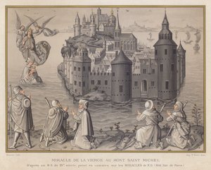 Miracolo della Vergine al Monte Saint Michel, da un manoscritto del XV secolo, dipinto in camaieu sui Miracoli di ND, Bibl Nat di Parigi da French School