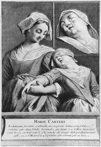 Guarigione miracolosa di una donna cieca, Marie Carteri, sulla tomba del diacono Francois de Paris al cimitero parrocchiale di Saint-Medard a Parigi da French School