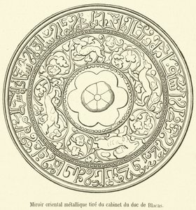 Specchio orientale metallico dal gabinetto del duca di Blacas (incisione) da French School