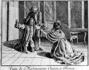 Mademoiselle Clairon, attrice francese, visita Voltaire a Ferney. Incisione del XVIII secolo da French School
