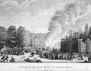 Modello del papa bruciato al Palazzo Reale, 6 aprile da French School