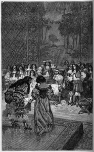 Molière e la sua troupe recitano davanti al Re Luigi XIV e al Cardinale Giulio Mazzarino. Incisione in 