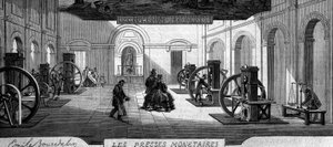 Produzione di denaro: officina per le presse monetarie. Incisione in 